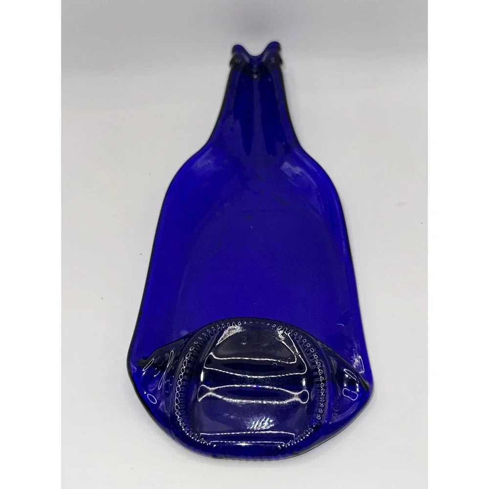 Cobalt Blue Flattened Wine Bottle Spoon Rest Upcycled Glass Melted Bottle Tray